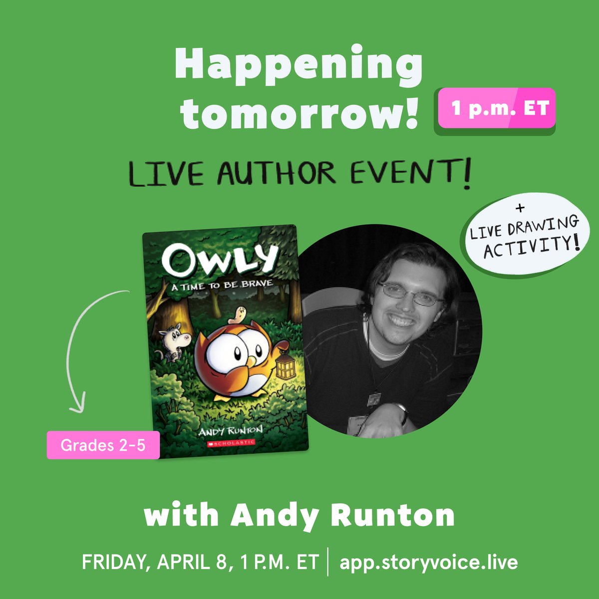 Get your 🖍️ and ✏️ ready! Join Scholastic author &amp; illustrator, Andy Runton, tomorrow at 1pm ET for a live read-aloud and drawing activity featuring his award-winning graphic novel, Owly. Happening live at app.storyvoice.live