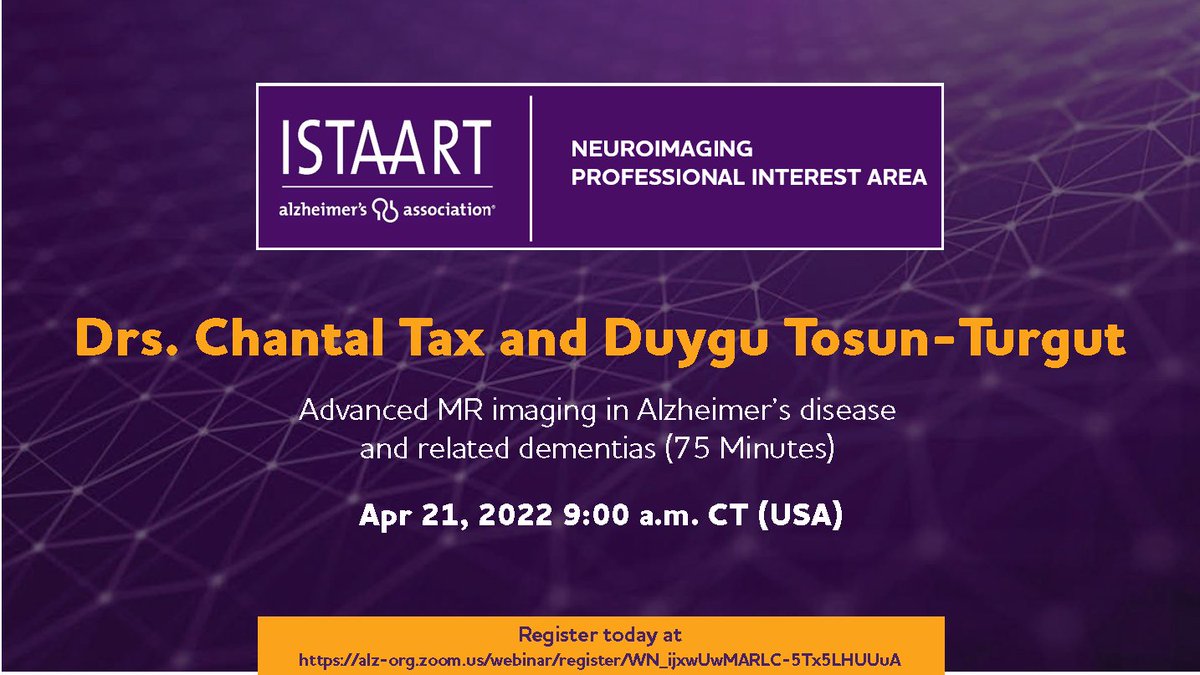 Join the <a href="/ISTAART/">ISTAART</a> Alzheimer's Association #NeuroimagingPIA for our upcoming webinar, “Advanced MR imaging in Alzheimer’s disease and related dementias” Thursday, April 21 @ 10 am US ET. Register here: alz-org.zoom.us/webinar/regist…
Webinar recorded and available~ 2 weeks after the event