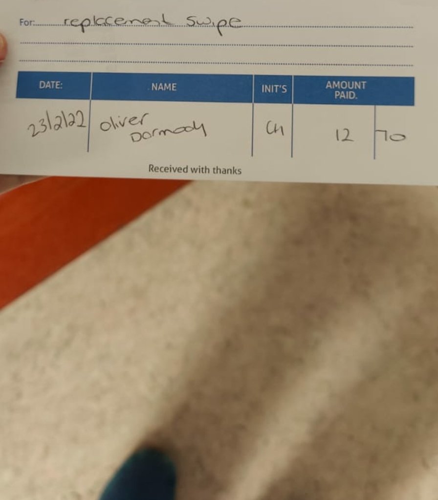 Ollie D🅰️rmody (@oollaayy) on Twitter photo Perks of being an NCHD in Ireland.
Getting charged €12.70 if you leave your swipe at home & being told there is no service to get a temporary swipe for the day. I literally paid for access to the wards and the trolley filled ED that day <a href="/HSELive/">HSE Ireland</a> <a href="/health_irish/">IrishHealthInsider</a> #StandingUp4NCHDs Perks of being an NCHD in Ireland.
Getting charged €12.70 if you leave your swipe at home & being told there is no service to get a temporary swipe for the day. I literally paid for access to the wards and the trolley filled ED that day <a href="/HSELive/">HSE Ireland</a> <a href="/health_irish/">IrishHealthInsider</a> #StandingUp4NCHDs