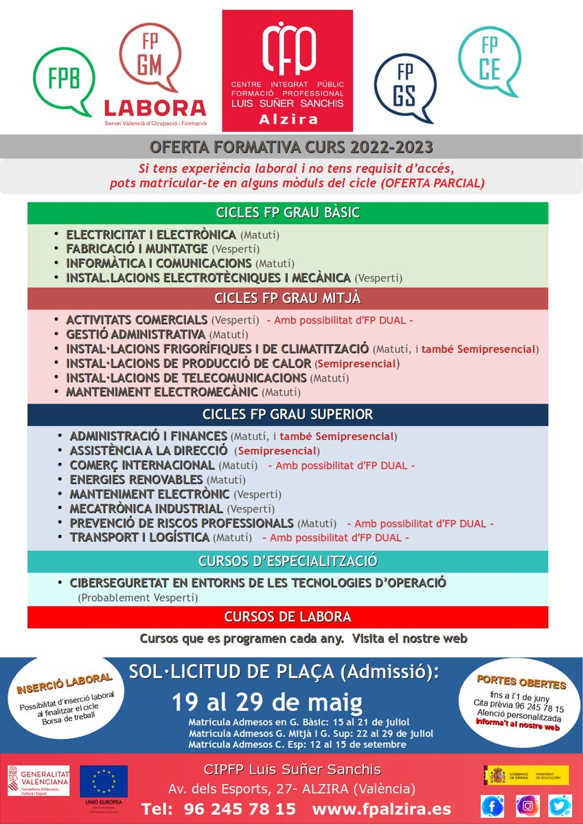 Calendari d'Admissió (preinscripció) per a Cicles formatius de Grau Bàsic, Mitjà, Superior, i Curs d'Especialització

Si vols estudiar en #FP <a href="/fpalzira/">CIPFP Luís Suñer Sanchis</a> has de sol·licitar l'Admissió del 19 al 29 de maig de 2022

Consulta què pots estudiar al nostre centre: fpalzira.es/web/index.php/…