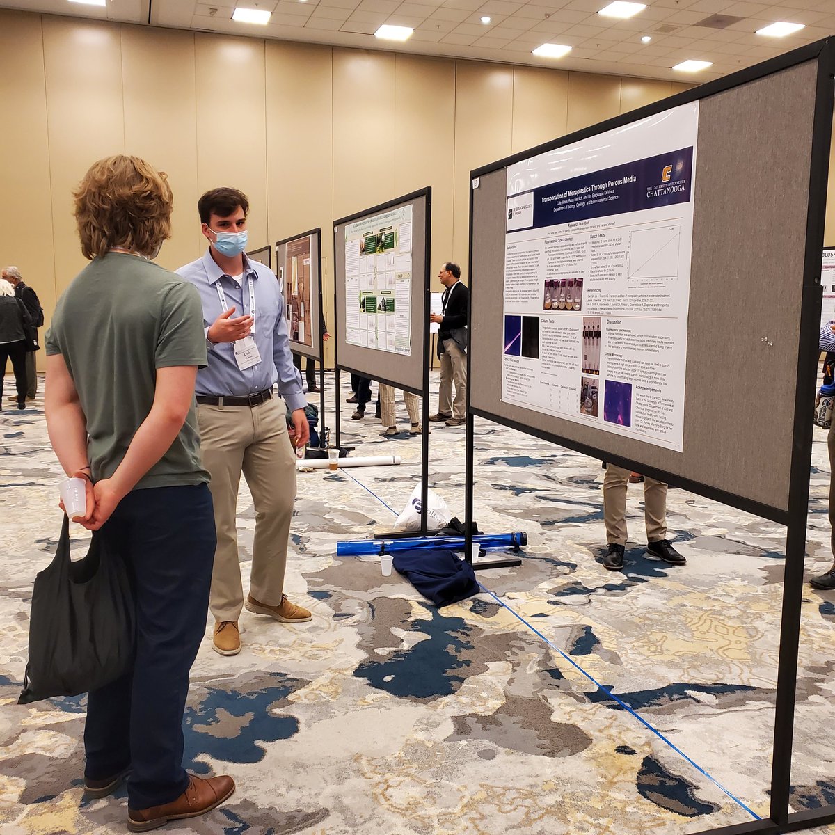 GeologyUtc's tweet photo. @UTC_BGE senior (and incoming MS) student Cole White is attending his first @geosociety meeting to present his recent methods study for quantifying #microplastics in batch and column studies. Go Cole! #nesegsa2022 https://t.co/Hz35B2cizm