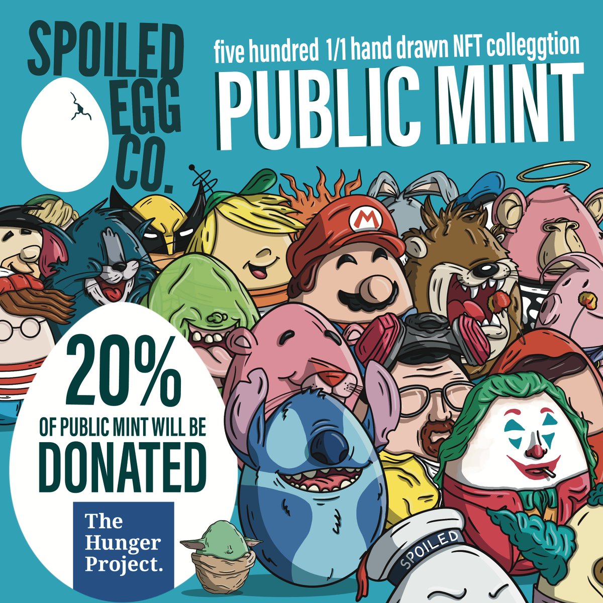 Spoiled Egg Co. (@spoiledeggco) on Twitter photo Happy to announce that 20% of all Public Mint proceeds will be DONATED to <a href="/HungerProject/">The Hunger Project</a> through <a href="/TheGivingBlock/">The Giving Block</a>.
Feels great to give back!
#NFTs #NFTCommmunity #nftcollectors <a href="/mattmedved/">medved</a> <a href="/ryandcrypto/">ryandcrypto</a> <a href="/thebrettway/">Brett Malinowski</a> Happy to announce that 20% of all Public Mint proceeds will be DONATED to <a href="/HungerProject/">The Hunger Project</a> through <a href="/TheGivingBlock/">The Giving Block</a>.
Feels great to give back!
#NFTs #NFTCommmunity #nftcollectors <a href="/mattmedved/">medved</a> <a href="/ryandcrypto/">ryandcrypto</a> <a href="/thebrettway/">Brett Malinowski</a>