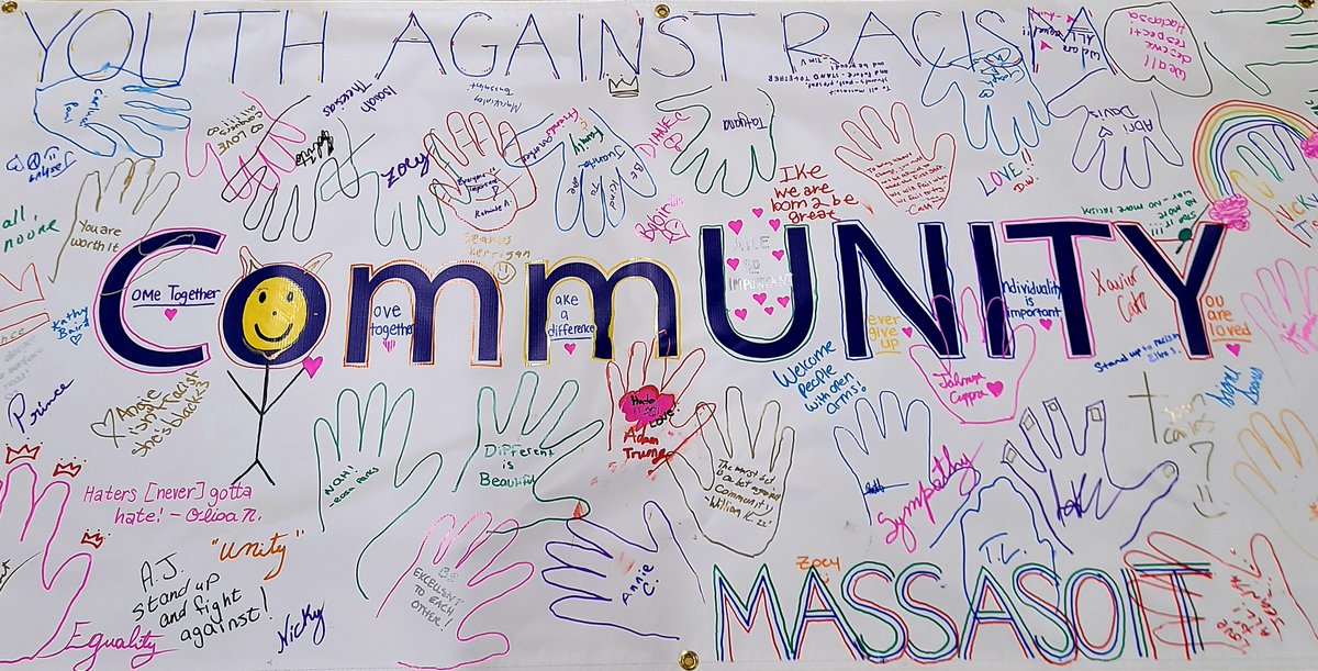 MassasoitCC's tweet photo. Yesterday, as part of the Mass. Student Advisory Council's annual Campus Community Day, our Student Senators created a CommUNITY banner to stand against racism. Students, faculty, &amp; staff came together and were encouraged to add their handprint, name, or words of support. https://t.co/i8x79swRaP