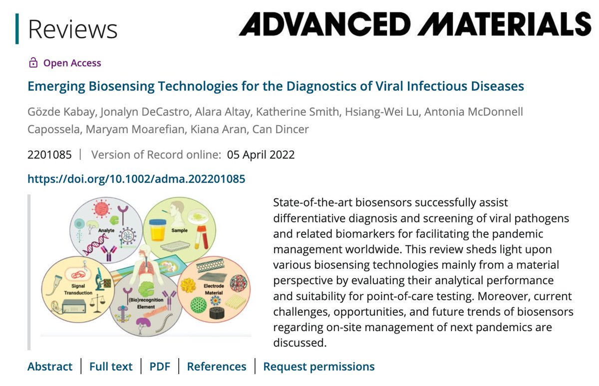 Can Dincer (@candincer83) on Twitter photo Our review on "Emerging Biosensing Technologies for the #diagnostics of #viral #infectious #diseases" is now published in Advanced Materials🤩 A great collaboration with the Aran Lab🙏
Link (Open access by <a href="/deal_projekt/">Projekt DEAL</a>): onlinelibrary.wiley.com/doi/epdf/10.10…
#biosensors #COVID19 #CRISPR Our review on "Emerging Biosensing Technologies for the #diagnostics of #viral #infectious #diseases" is now published in Advanced Materials🤩 A great collaboration with the Aran Lab🙏
Link (Open access by <a href="/deal_projekt/">Projekt DEAL</a>): onlinelibrary.wiley.com/doi/epdf/10.10…
#biosensors #COVID19 #CRISPR