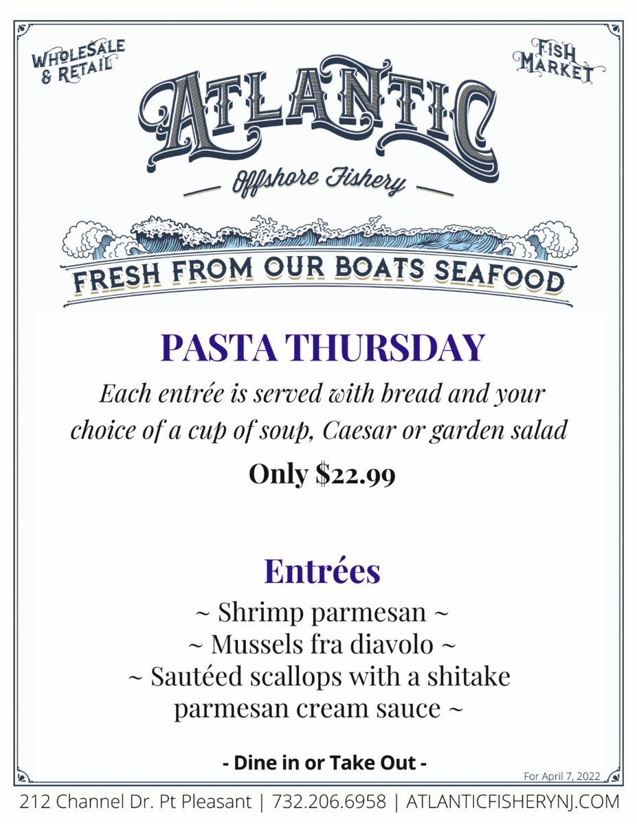 AtlanticFishery's tweet image. It's Pasta Thursday.  
See what's on the menu tonight!
#freshfish #boattotable #ptpleasant
#AtlanticOffshoreFishery