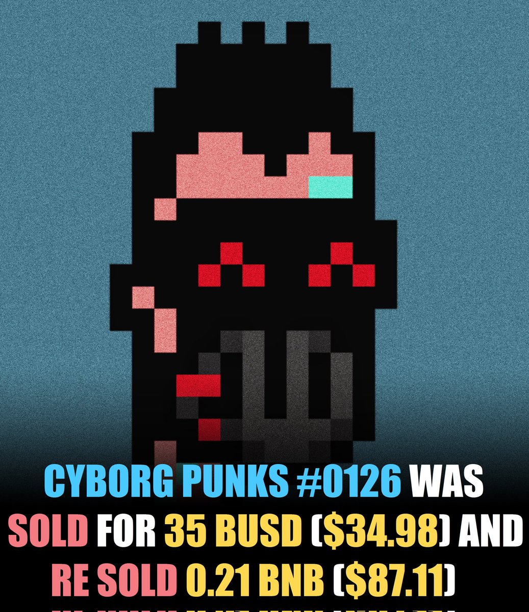 Pixel_PunksN1's tweet photo. CYBORG PUNKS #0126 WAS SOLD FOR 35 BUSD ($34.98) AND RE SOLD 0.21 BNB ($87.11).
@Pixel_PunksN1 
@TheBinanceNFT 
@NFTshka 
LINK IN BIO
#NFT #NFTCommunity #NFTs #BTC #Ethereum #Cyborpunks #NFTCollection https://t.co/XN9gmW4NlM