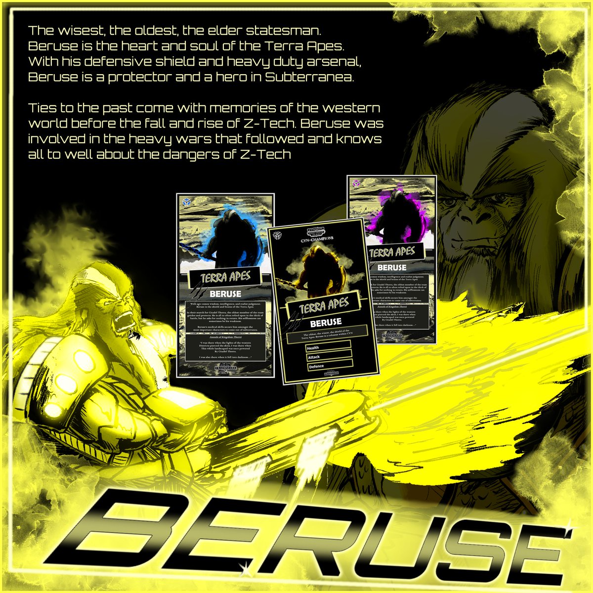 Introducing Beruse of the Terra Ape faction!

This giant is the tank of the Terra Apes, with heavy defensive arsenal.

He is as wise as he is large! Beruse is the old soul of Cyn!

#nftart #comics #NFTCommmunity #art 

nft now availalbe on #opensea
opensea.io/collection/cyn…