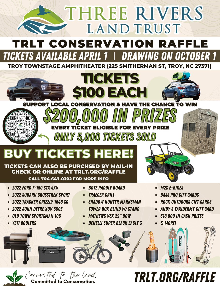 Did you hear about our TRLT Conservation Raffle? Don't miss your chance to win $200,000 worth of prizes! Every ticket is eligible for every prize- and are only $100 each! Tickets on sale now!
Visit trlt.org/raffle for more information😀
#threeriverslandtrust #trlt