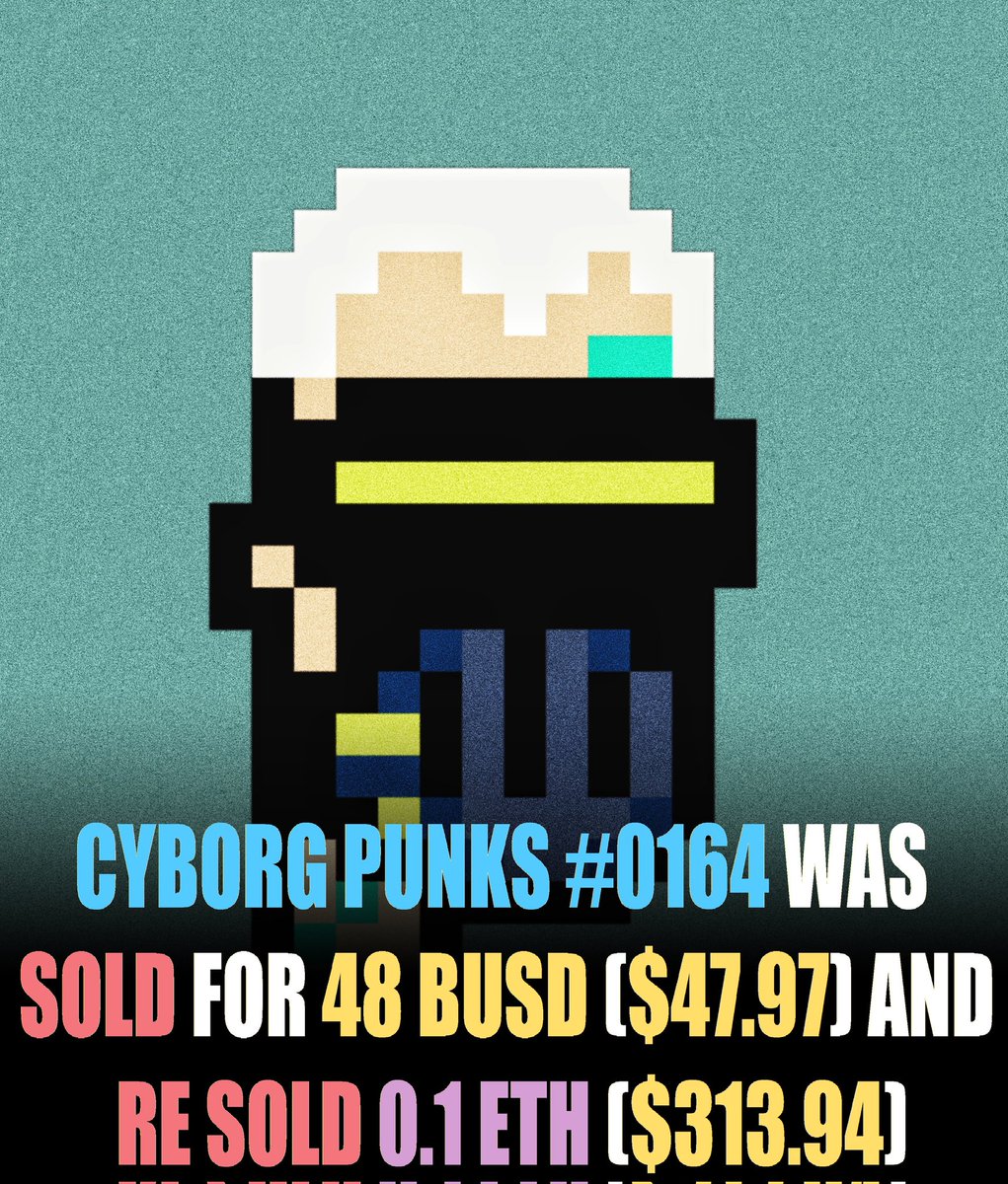 Pixel_PunksN1's tweet photo. CYBORG PUNKS #0164 WAS SOLD FOR 48 BUSD ($47.97) AND RE SOLD 0.1 ETH ($313.94).
@Pixel_PunksN1 
@TheBinanceNFT 
@NFTshka 
LINK IN BIO
#NFT #NFTCommunity #NFTs #BTC #Ethereum #Cyborpunks #NFTCollection https://t.co/scEJbWSEMr