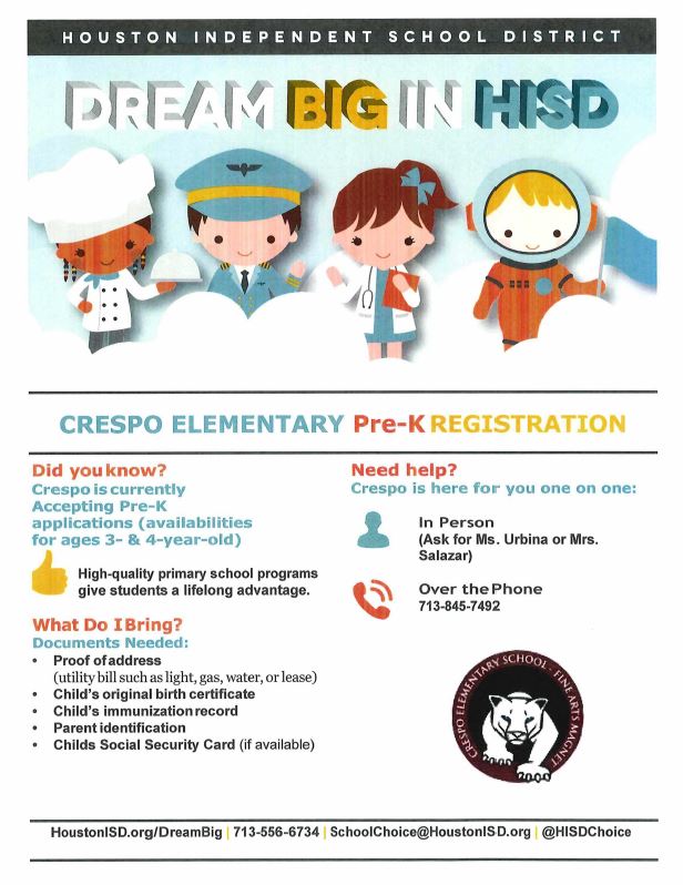 HISD_Crespo's tweet photo. #DreamBigInHISD #PreKRegistration https://t.co/8oDRnJBMLm