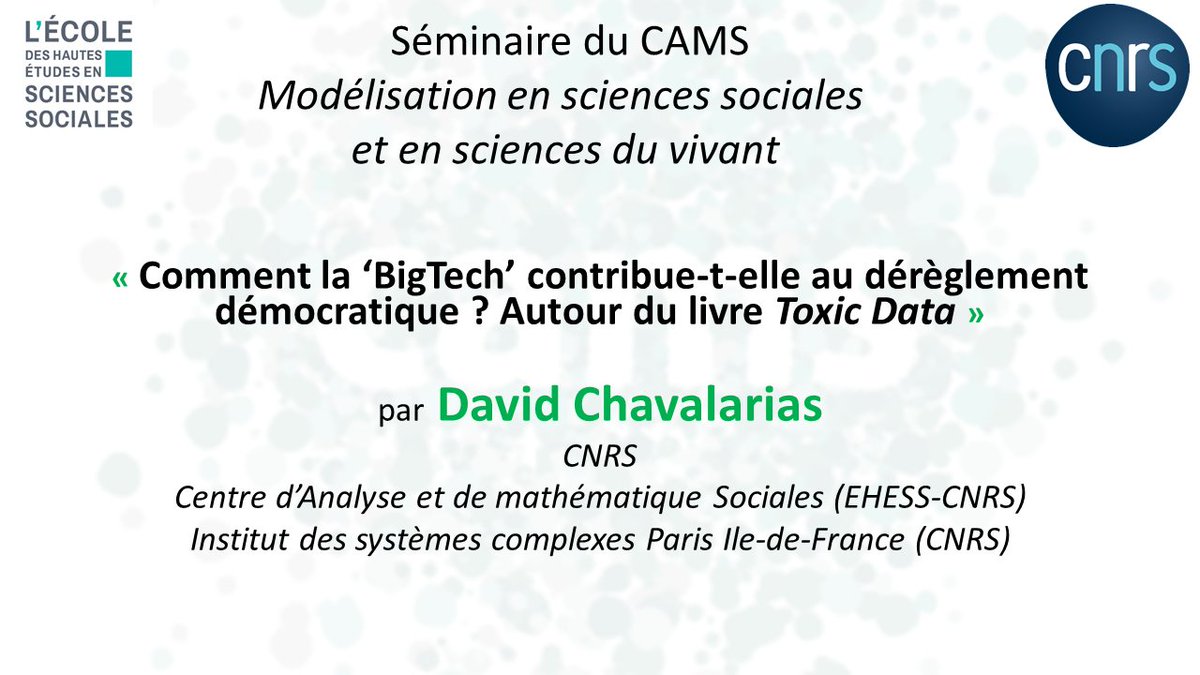 EHESS_fr's tweet photo. #VendrediLecture
📆📚 Avez-vous lu "Toxic Data", le dernier livre de @chavalarias (@CNRS @CAMS_EHESS @ISCPIF) ?
A l'occasion de sa parution, le chercheur était l'invité du #CAMS_EHESS pour un séminaire à l'EHESS 📽️🔴 une séance à revoir sur YouTube.
➡️ https://t.co/bLMsFB1EYh https://t.co/Jhyye6jcwG