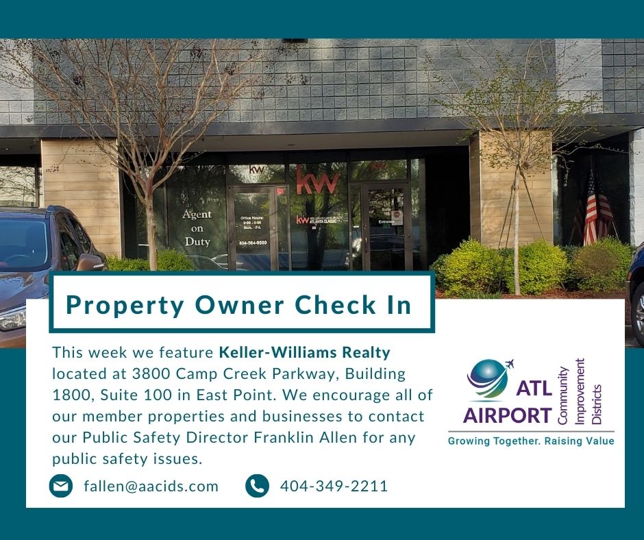 ATLAIRPORTCIDS's tweet photo. Our Public Safety Assessment features Keller Williams Realty, Inc. located at 3800 Camp Creek Pkwy, Bldg 1800, Ste 100 in the @cityofeastpoint. Kadar McAllister is the manager. Property Owners should contact Franklin Allen 4043492211 for your public safety needs. #aacids https://t.co/VY5rbw1YgG