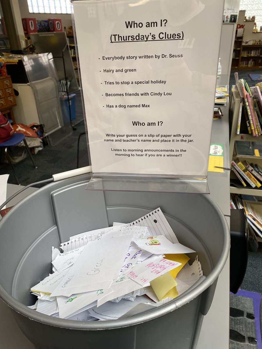 NWES_Library's tweet image. it’s  #NationalLibraryWeek &amp;amp; we forgot to show our Wednesday’s clues for “Guess the Book Character”! Here are Wednesday’s &amp;amp; today’s clues! Also our librarian, Ms. Wilkinson, got new books &amp;amp; is getting them ready to be checked out!! #yayfornewbooks #ourlibrarianrocks