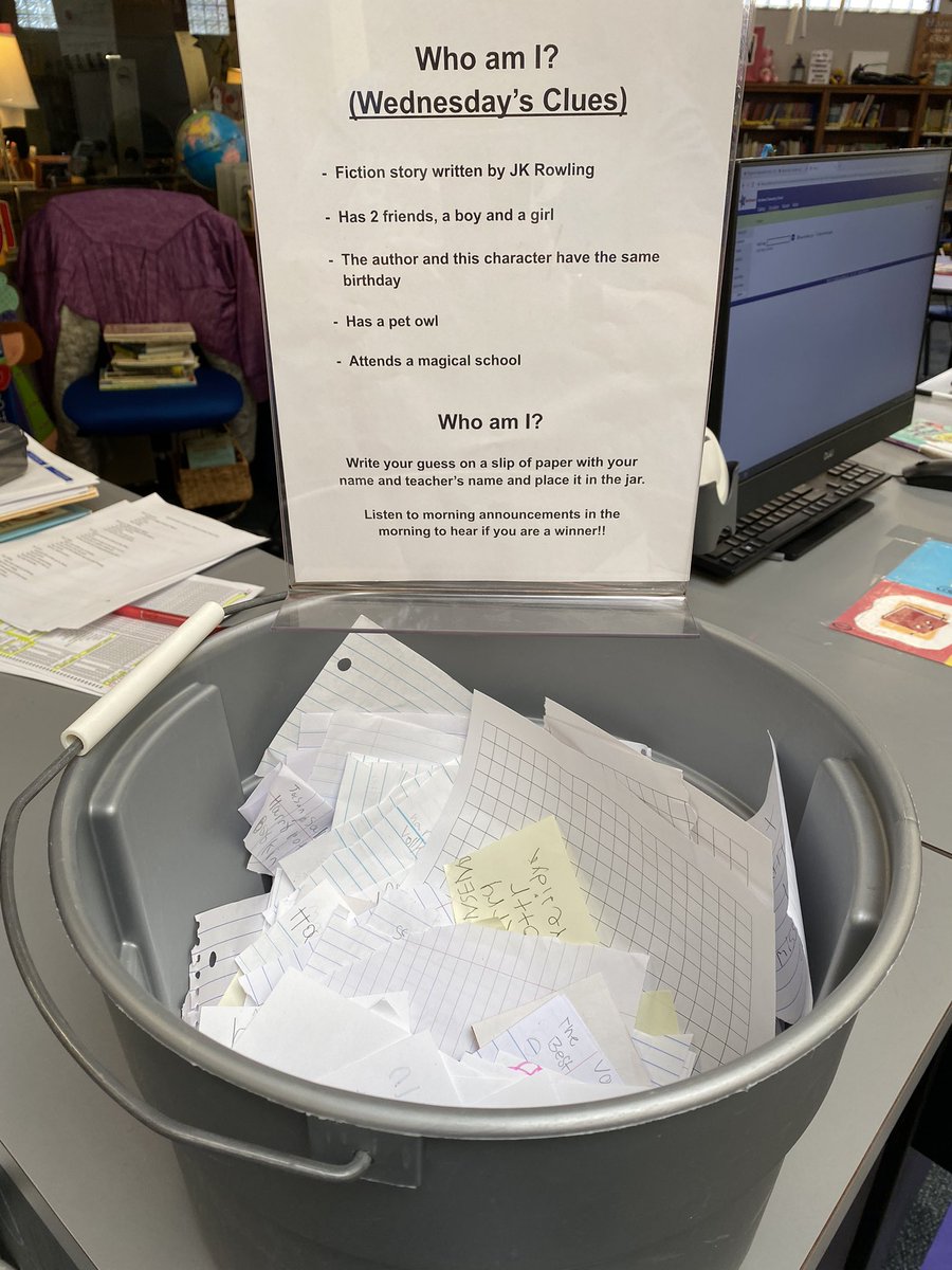 NWES_Library's tweet image. it’s  #NationalLibraryWeek &amp;amp; we forgot to show our Wednesday’s clues for “Guess the Book Character”! Here are Wednesday’s &amp;amp; today’s clues! Also our librarian, Ms. Wilkinson, got new books &amp;amp; is getting them ready to be checked out!! #yayfornewbooks #ourlibrarianrocks