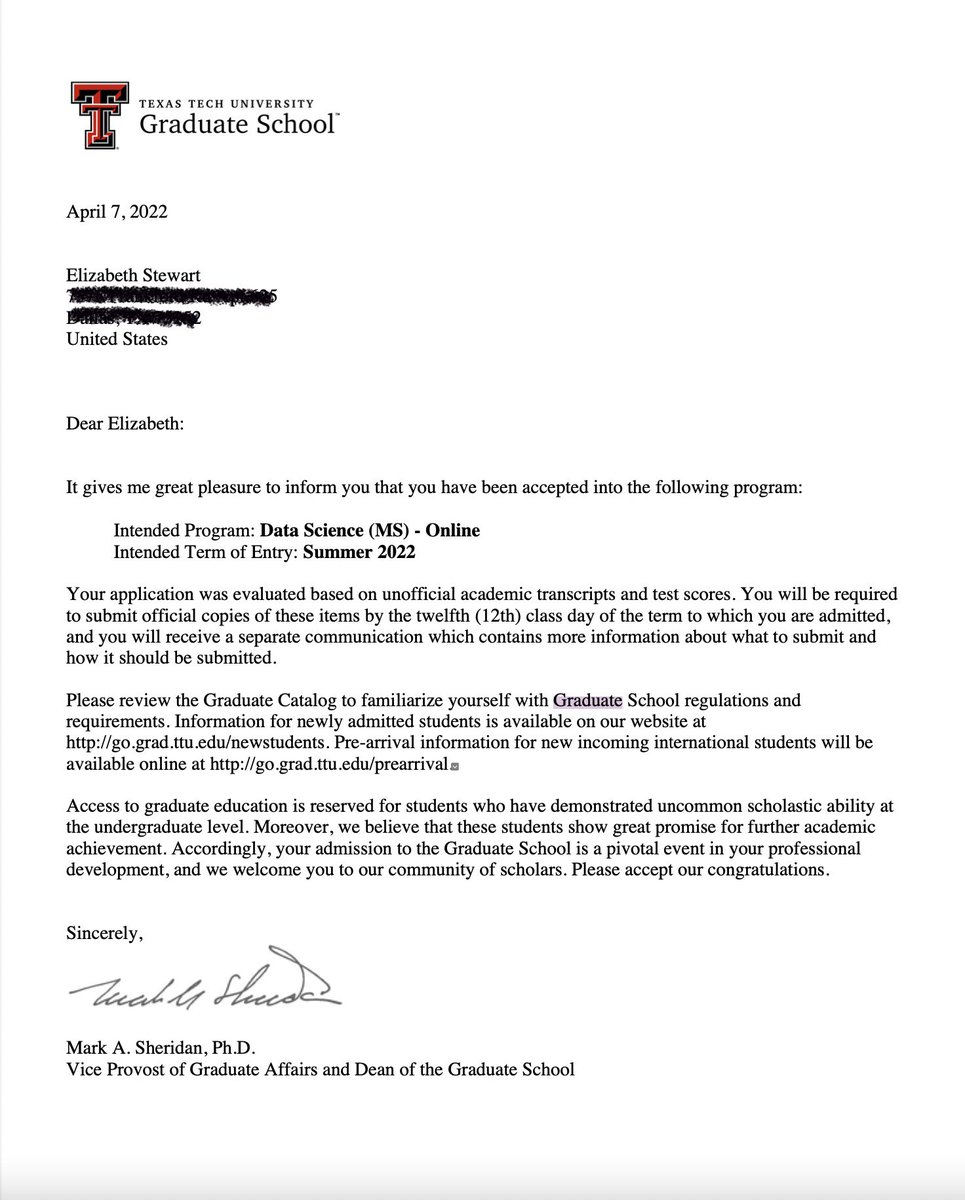 ElizabethHeiser's tweet photo. I am SO excited to share that I have been accepted into the Master of Science in Data Science Graduate Program at Texas Tech University - Rawls College of Business! 
#WreckEm https://t.co/lawfWMJFFo