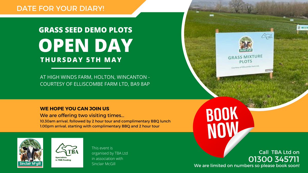 TbagriLtd's tweet photo. DATE FOR YOUR DIARY! Have you booked on to our OPEN DAY on 5th May? Combine a visit to the Sinclair McGill grass seed plots with a lunchtime BBQ. To book please call the office on 01300 345711  #grasslandmanagement #leys #sinclairmcgill @LGSeedsUK https://t.co/nGXMQ8Xx1L