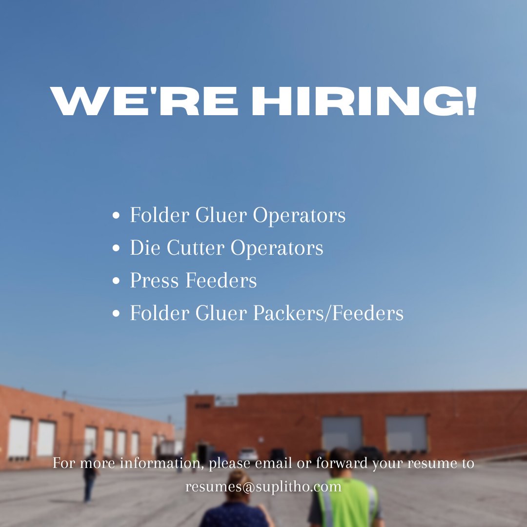 SLithographics's tweet photo. We’re hiring! As our company grows, we need to add to our team, and we’d love to have you! For more information, please email or forward your resume to resumes@suplitho.com, or message us through LinkedIn. https://t.co/QdBoHC5bmE