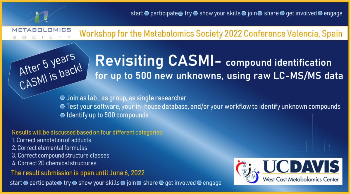 WCMC_UCDavis's tweet photo. CASMI is back! If you are interested in participating in the #CASMI (Critical Assessment
of Small Molecule Identification) contest check out our website for more information on how to join: https://t.co/vyoKqNj2fd
#metabolomics #compoundID https://t.co/qsDtmor3Wz https://t.co/q5ioQhQs1X