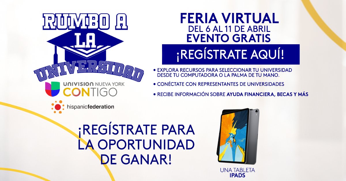 ¡Únete con <a href="/univisionNY/">Univision Nueva York</a> y <a href="/HispanicFed/">Hispanic Federation</a> en esta feria virtual donde podrás asistir talleres sobre el proceso universitario, conectar con representantes de diferentes universidades, y tener la oportunidad de ganar regalos!
univision.com/universidad