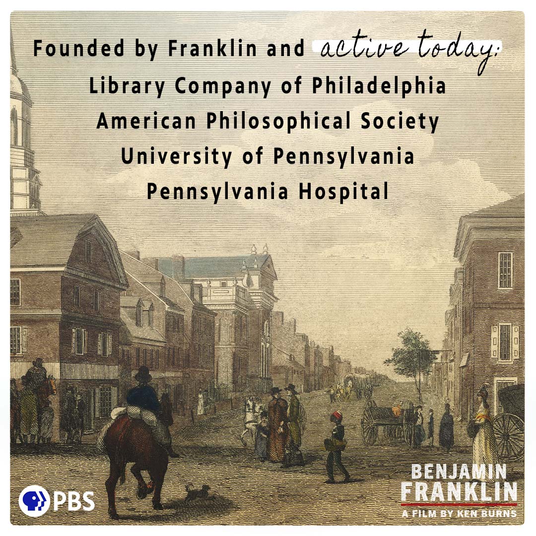 PBS's tweet photo. Have you been to any of these institutions founded by Benjamin Franklin?

Explore the revolutionary life of this founding father during #BenFranklinPBS, a film by @KenBurns. Stream now on the PBS Video app: https://t.co/H2QLj2oA7G https://t.co/Bg5vAhUIFe