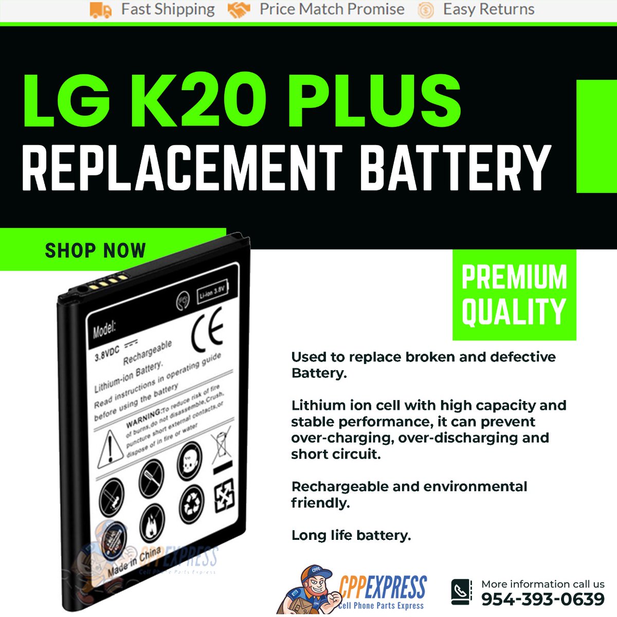 cppexpress's tweet photo. Premium Quality Battery Replacement For LG K20.
ORDER NOW!
Visit us at https://t.co/awqaeP7KB8 or call us at 954-393-0639

#bestservice #cppexpress #cellphoneparts #phonescreens #cellphoneparts #phonerepairparts https://t.co/i9eG3uuzMS