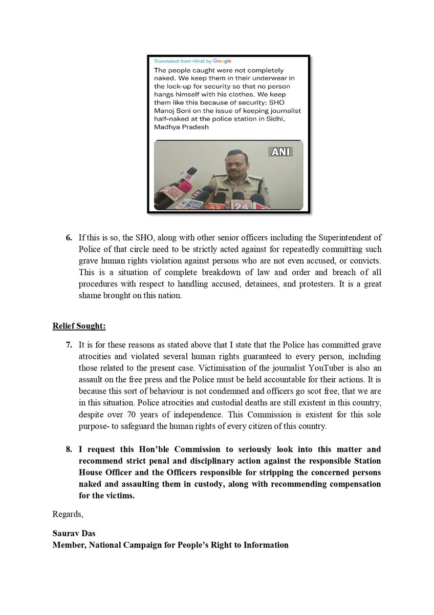 SauravDassss's tweet photo. Visuals of a journalist &amp; others being stripped naked in Madhya Pradesh are not only disturbing but also a grave violation of human rights guaranteed to each of us. I decided to move the National Human Rights Commission against the MP Police. Something has to be done about this. https://t.co/HKUs3er6w1