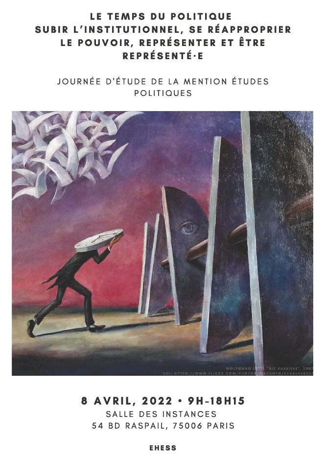 EHESS_fr's tweet photo. [Journée d'études]
La mention Études politiques de l'EHESS organise une journée d'études pour interroger les différentes temporalités du #politique à travers ses manifestations concrètes.
📅 Rendez-vous demain 08/04
Info et programme sur 👉 https://t.co/Kt00GFpqUT https://t.co/EWG4ad5QmW