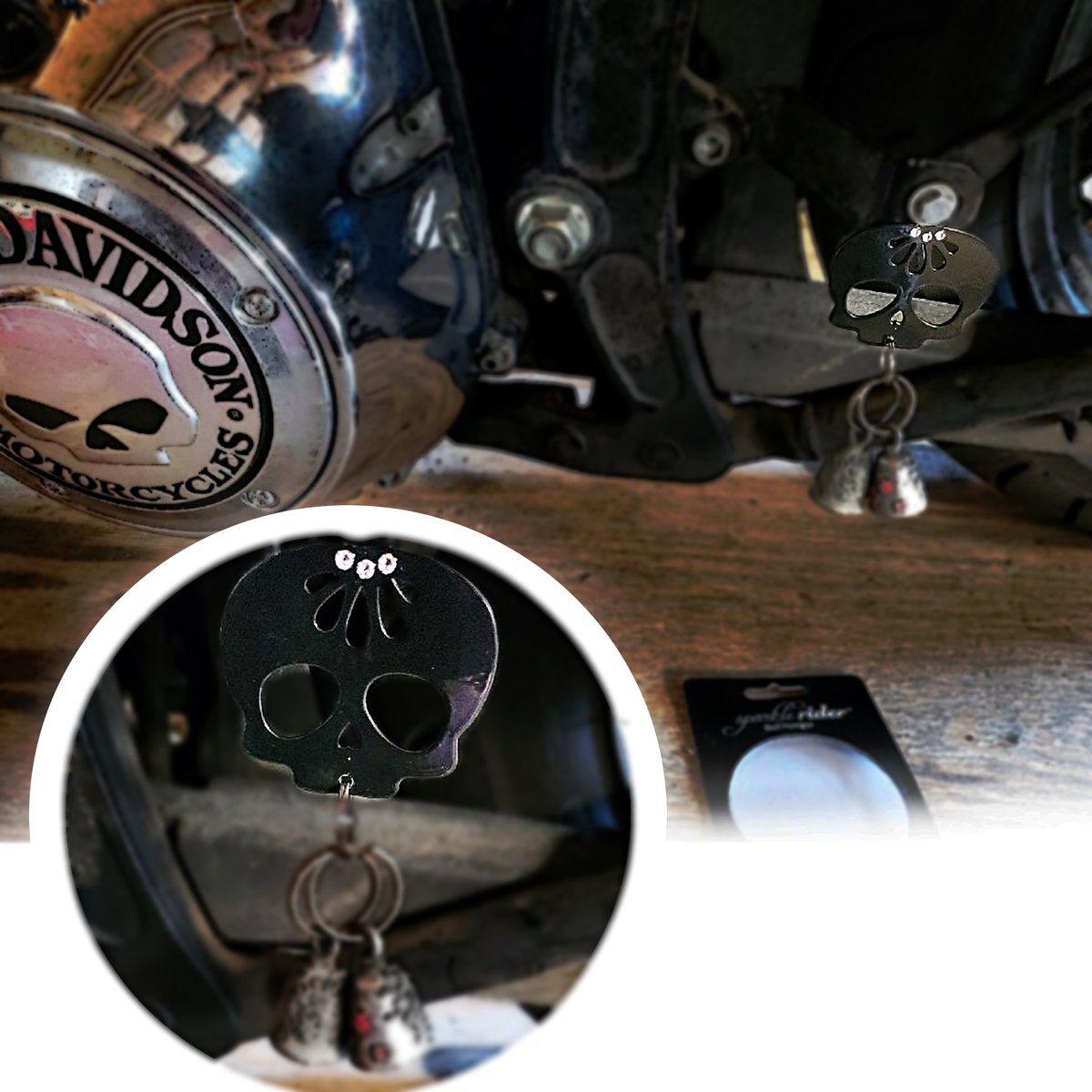 SparkleRider's tweet photo. Sam loves the purpose of #motorcyclebells -to keep #gremlins at bay. ๐ฒThat's why she has 2!The #skull #bellhanger displays them both nicely and fits perfectly on her #harleydavidson. ๐โค๏ธ Visit https://t.co/4UGu5VLKmc .#skull #gremlinbell #bellrider #skullgirls #harleyrider https://t.co/vd0OR17nv7