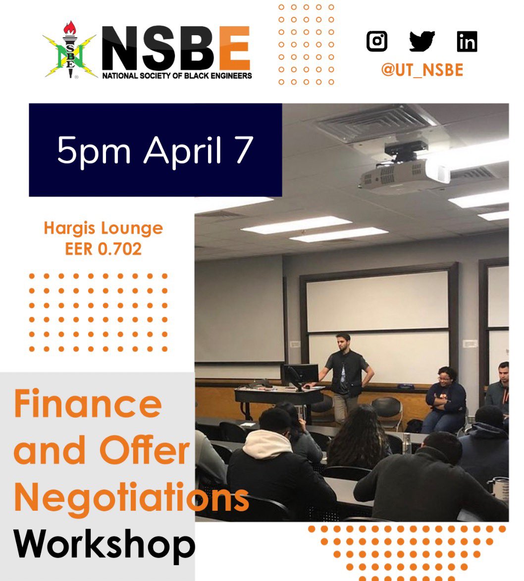 Join us today at 5pm in the Hargis Lounge for our Finance and Offer Negotiations Workshop! Learn all about the finances as well as offer negotiations so you can earn your worth! See y’all there!