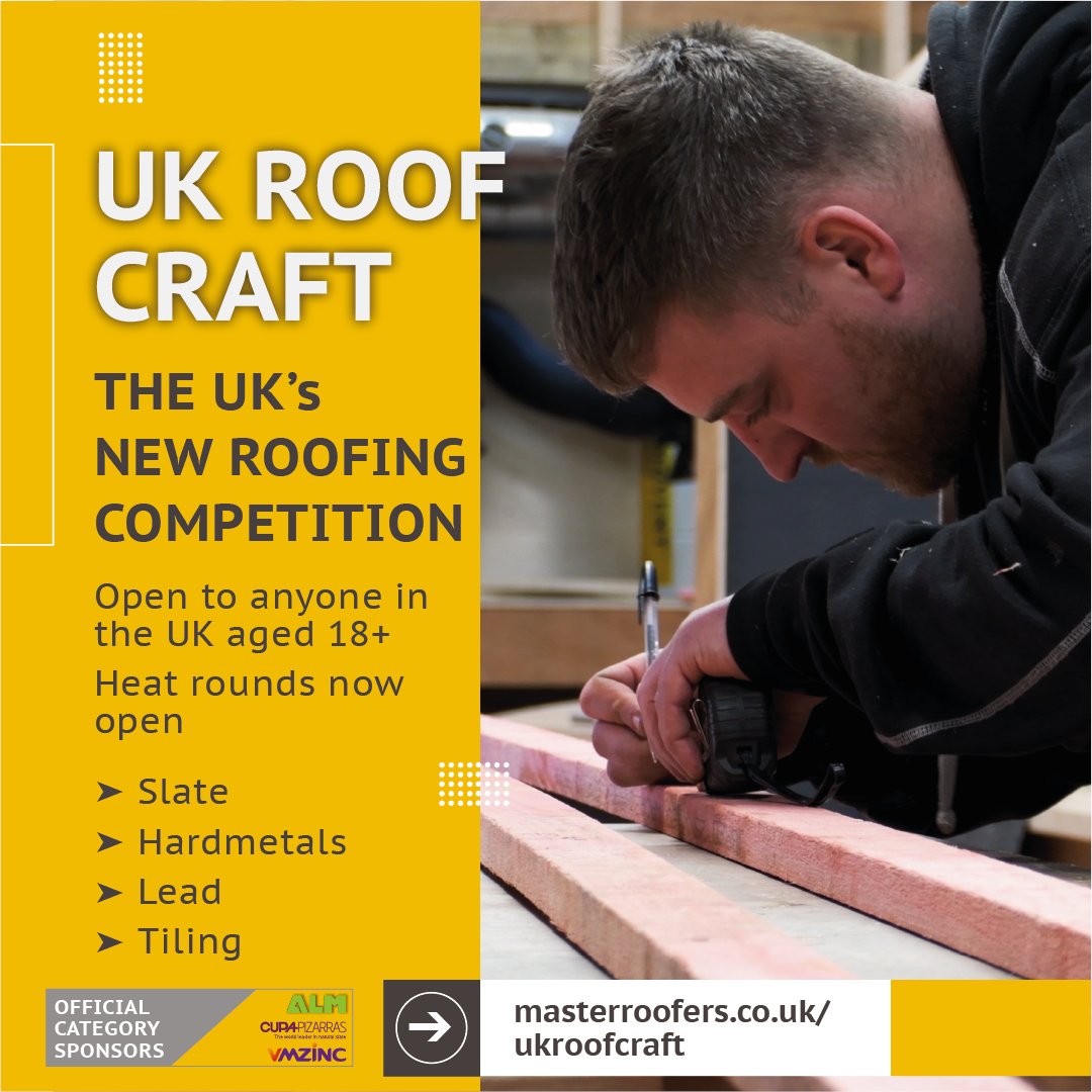 Presented by Master Roofers, UK Roof Craft is the new national roofing competition devoted to showcasing the skills and ability of roofers in the UK.

To register, visit www.master roofers.co.uk/ukroof-registr…

Proudly sponsored by Associated Lead Mills (ALM), Cupa Pizarras and VMZinc