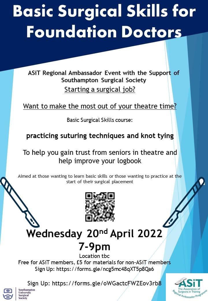 Basic Surgical Skills Course for Foundation Doctors! 

Ideal for those wanting to learn/practice BSS for their new surgical block and want to make the most of your surgical block 

FREE for <a href="/ASiTofficial/">ASiT</a> members and £5 if not 

<a href="/Wessex_FSchool/">Wessex F School</a> <a href="/WFSurg/">UK Future Surgeons</a> 

forms.gle/ncg5mc48qXT5p8…