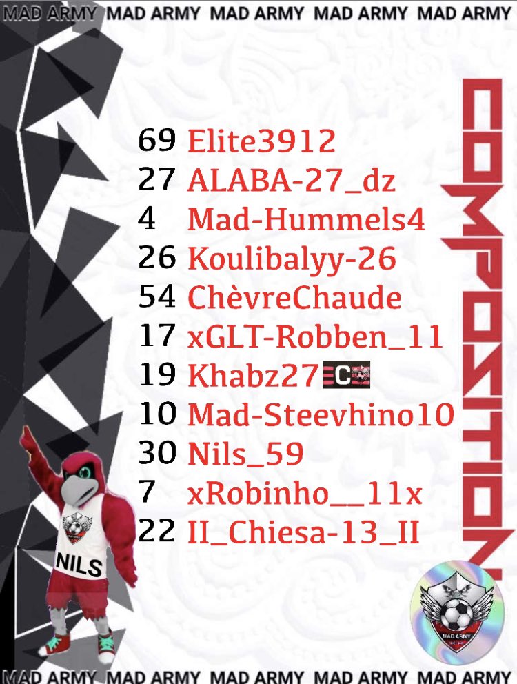 MadArmyFC's tweet photo. Compo du soir:

Nos Aigles Royals ont rendez-vous ce soir avec @EfifaOnline en L1 OR contre 

@MhscPro 
@FcTalamod 

Des points importants à prendre si ils veulent accrocher le podium.

#ForzaMada ❤️🤍🦅 https://t.co/rEi6nrFSUa