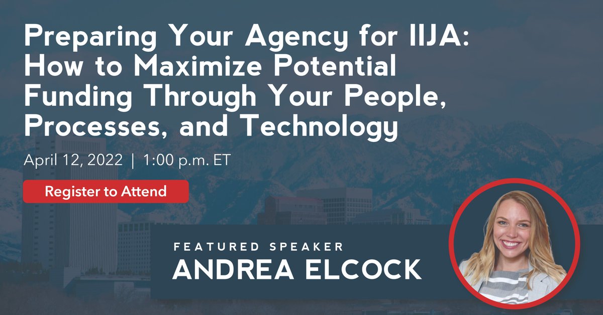 HighStreetHSC's tweet photo. The Federal Infrastructure Investment and Jobs Act (IIJA) brings hope for agencies hit hard by the pandemic. Join Andrea Elcock, AICP, April 12, 1pmET, as she discusses aligning planning processes to maximize your IIJA funding and performance. Register: https://t.co/j0vN4wms2K https://t.co/8cKA6GqLBZ
