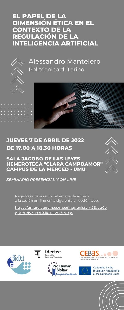 idertec_umu's tweet photo. Disfrutando de la sugerente ponencia de @mantelero en el seminario sobre aspectos éticos de la #InteligenciaArtificial en el seminario organizado junto al @CebesBioderecho en la @fderechomur ¿Qué papel ha de jugar la ética en el desarrollo de esta tecnología en el sector público? https://t.co/CHHVAn1deg