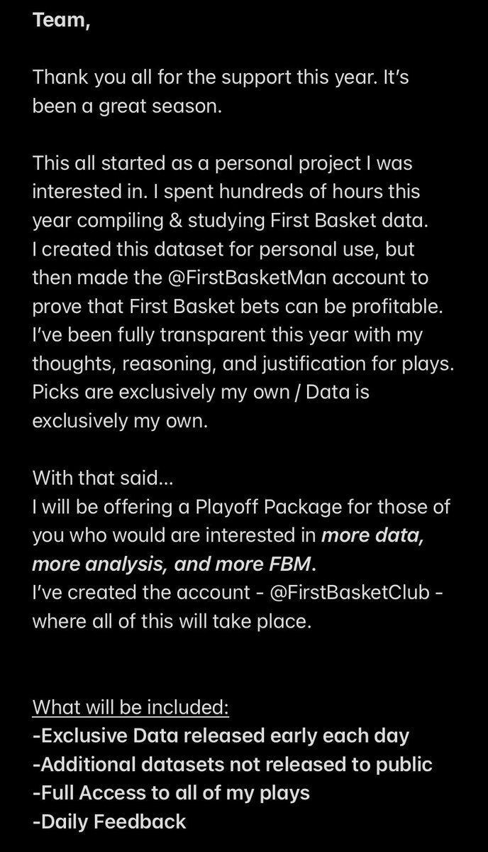 FirstBasketMan's tweet photo. ‼️ ANNOUNCEMENT ‼️
(via the notes app as all great announcements are)
Read my note ‼️
👇👇👇👇
@FirstBasketClub
#GamblingTwitter #FirstBasketMan #FirstBasketClub #NBAPlayoffs https://t.co/kGBTtcRbKw
