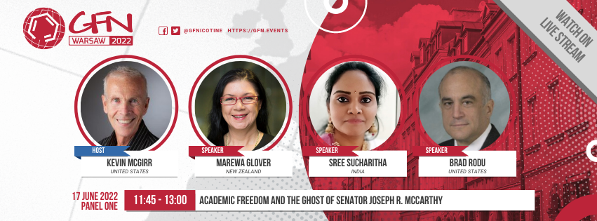 GFNicotine's tweet photo. 📢 #GFN22 is coming soon:
https://t.co/MYUm8UskQl
Panel One: 'Academic freedom and the ghost of Senator Joseph R. McCarthy'.
Host: Kevin McGirr
Speakers: @MarewaGlover, Sree Sucharitha and @BradRodu.
This session will be livestreamed. Register now:
https://t.co/wxAhAf0fkD https://t.co/Q7QUzwjP5E