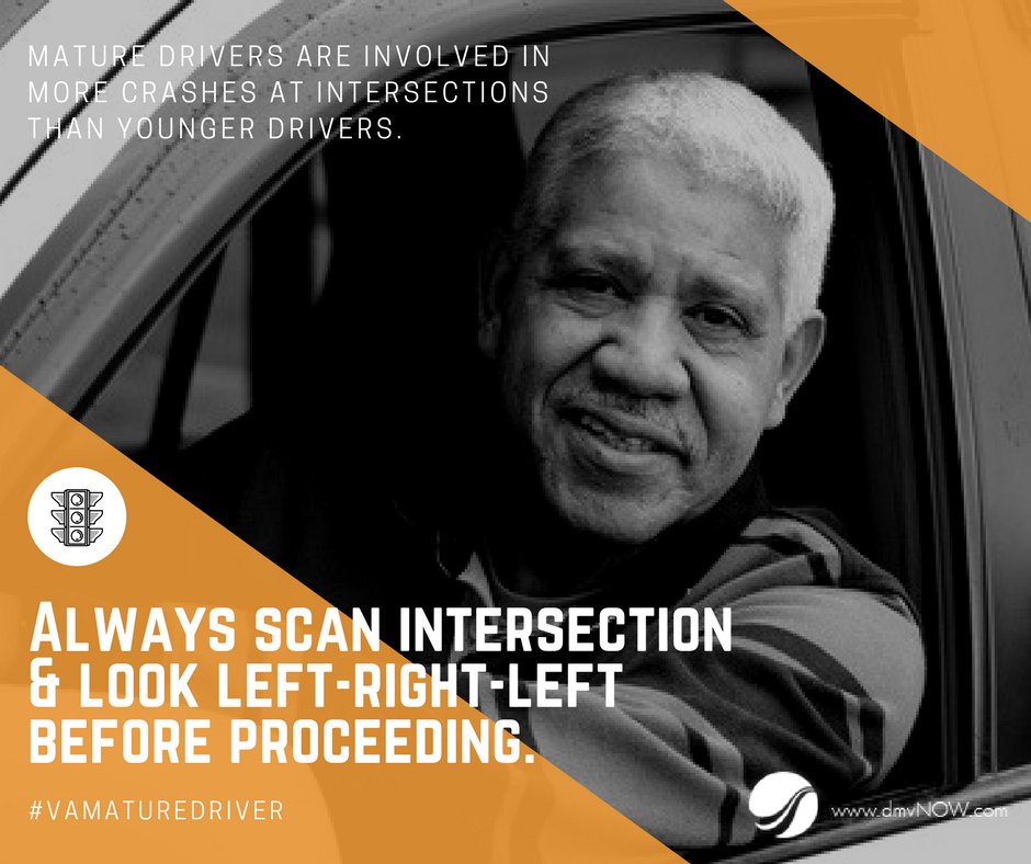 VirginiaDMV's tweet photo. Numerous studies have found that mature drivers are involved in more crashes at intersections than younger drivers.
Always scan the intersection to ensure it’s clear. And, always look left, right and left again before proceeding. #VAMatureDriver #SeniorDriver #TrafficSafety https://t.co/8ymLB2h2KE
