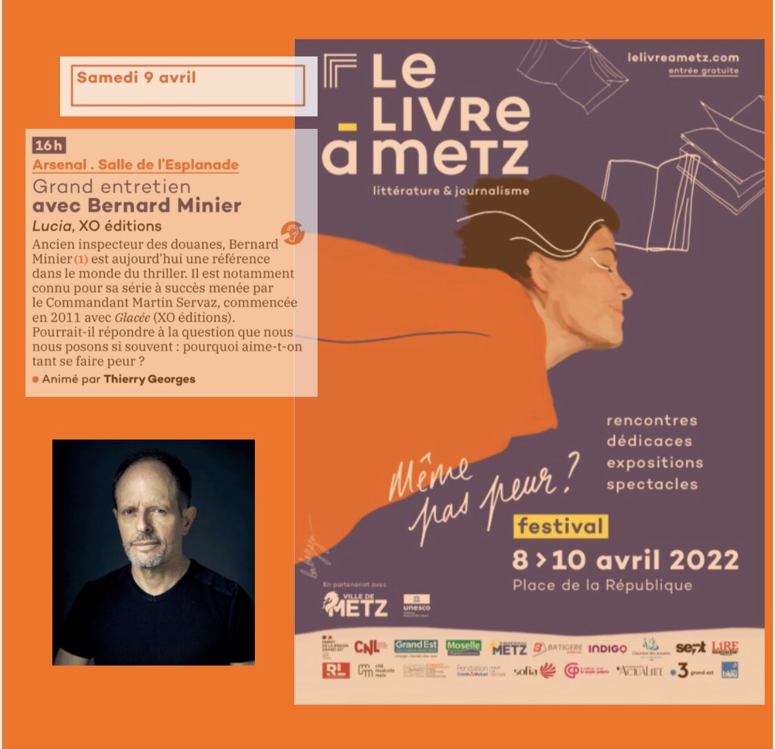 Bernard_Minier's tweet photo. Chers lectrices et lecteurs de Metz, de la Moselle et de la Lorraine, je vous retrouve ce samedi 9 avril au Salon @lelivreametz avec une masterclass à 11 heures à la médiathèque et un Grand Entretien à 16 heures à l'Arsenal !
#jelisLucia #thriller #lectriceslecteurs https://t.co/IIk0etEtcz