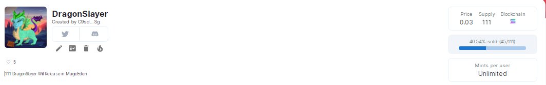 SolDragonslayer's tweet photo. 40.54% sold (45/111)
mint price : 0.03 Solana 

Mint Link : https://t.co/cTKvd9GSYy

#Solana #SolanaNFTs #NFTdrop https://t.co/IdevohEhAL
