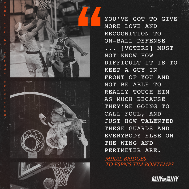 Suns's tweet photo. Let's talk numbers. 

The Mikal Bridges case for DPOY. 📊

📰 Read more: