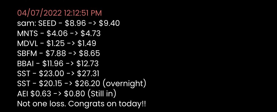 SalehTrades_'s tweet photo. All my trades for the day! Hopefully someone was able to use my analysis to their benefit! 🥂 $SEED $MNTS $MDVL $SBFM $BBAI $SST $AEI https://t.co/mFDf96WRkF