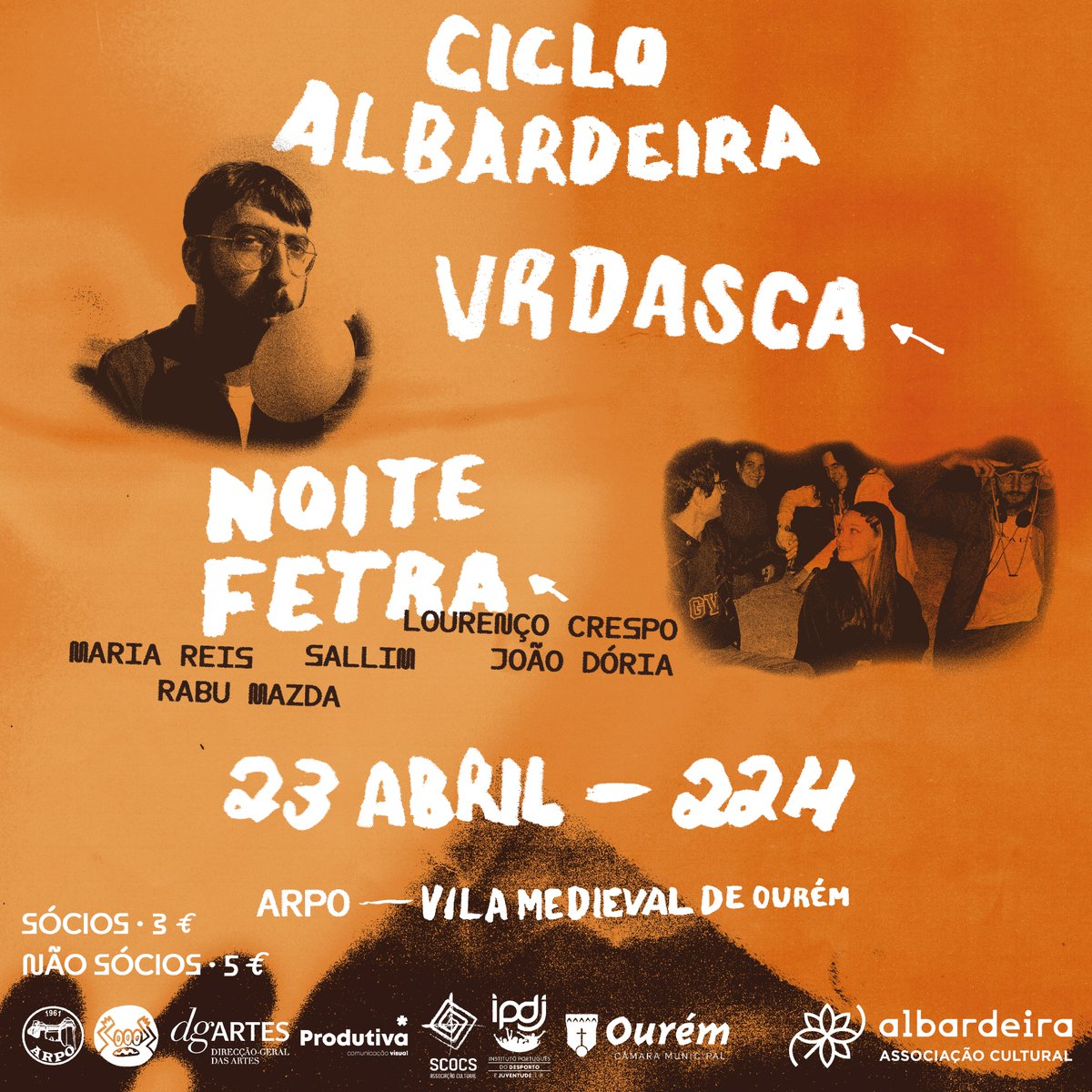 O #CicloAlbardeira sobe à Vila Medieval de Ourém. A 23 de abril, pelas 22h, colhemos as rosas na ARPO:

🌹 o oureense VRDASCA

🌹🌹🌹🌹🌹 a BANDA FETRA, supergrupo da Cafetra Records, com Maria Reis, Rabu Mazda, João Dória, Lourenço Crespo e Sallim

🎟️ bit.ly/CicloAlbardeir…