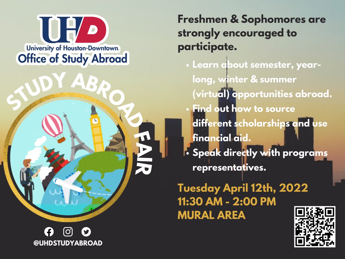 UHDStudyAbroad's tweet photo. Just getting started? Ready to apply? The UHD Study Abroad Fair is the perfect next step! Explore and learn about international opportunities through faculty led programs, exchange programs, partner programs, and internships. See you soon!
RSVP:https://t.co/V7zyhwNj2q https://t.co/58kgeZlFRs