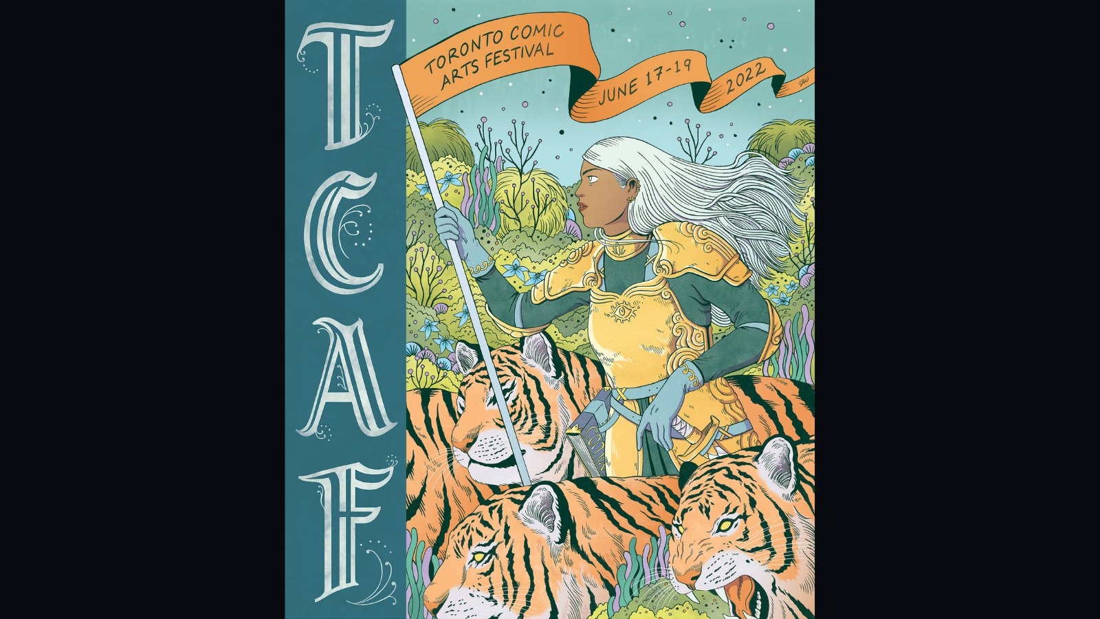 Official poster for TCAF 2022, illustrated by Jenn Woodall. Image of woman with TCAF banner, walking with tigers. 