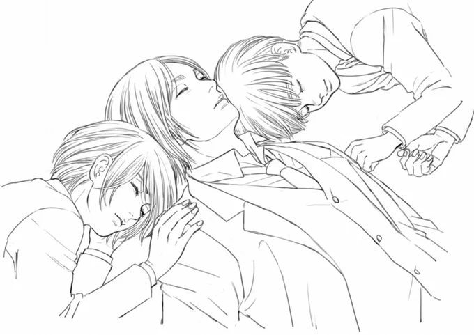 線画の時点だとどの程度まで寄せるかきちんと決めてないので大抵もうちょっと広い範囲まで描いてる。最初はミカサとアルミンの顔ギリギリ入るくらいに寄せて端っこ切っちゃう予定だったけど、まぁ折角描いたしなぁ…って結果的に引き気味になるのは割とありがち。 