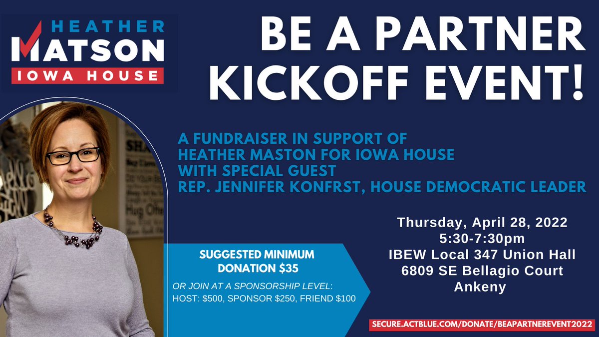 MatsonForHouse's tweet image. #TeamMatson is kicking off the 2022 campaign for #HD42 with our #BeAPartner fundraiser THREE weeks from today! Please mark your calendar 🗓, spread the word, and donate today to join us and flip this seat! Thank you!

➡secure.actblue.com/donate/beapart…
@iowahousedems 
#TogetherWithHeather