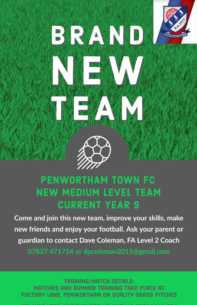 FcPenwortham's tweet photo. Looking for current Y9s for a new team for next season. Exciting times at PTFC. @PriorySTC @AllHallowsCHSPE @lostockacademy https://t.co/3bNhskPcha