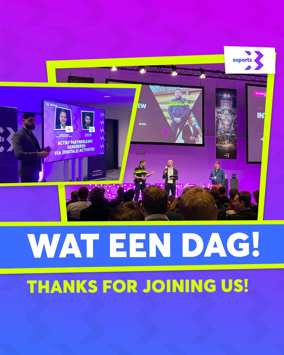 𝗔𝗟𝗟𝗘 𝗔𝗔𝗡𝗪𝗘𝗭𝗜𝗚𝗘𝗡, 𝗕𝗘𝗗𝗔𝗡𝗞𝗧! 🎮😍

Wat een gave dag was het. We hebben genoten van jullie energie, inspiratie en enorme drive om esports &amp; gaming nationaal maar ook internationaal naar een hoger niveau te tillen.

Bedankt! Op naar meer!