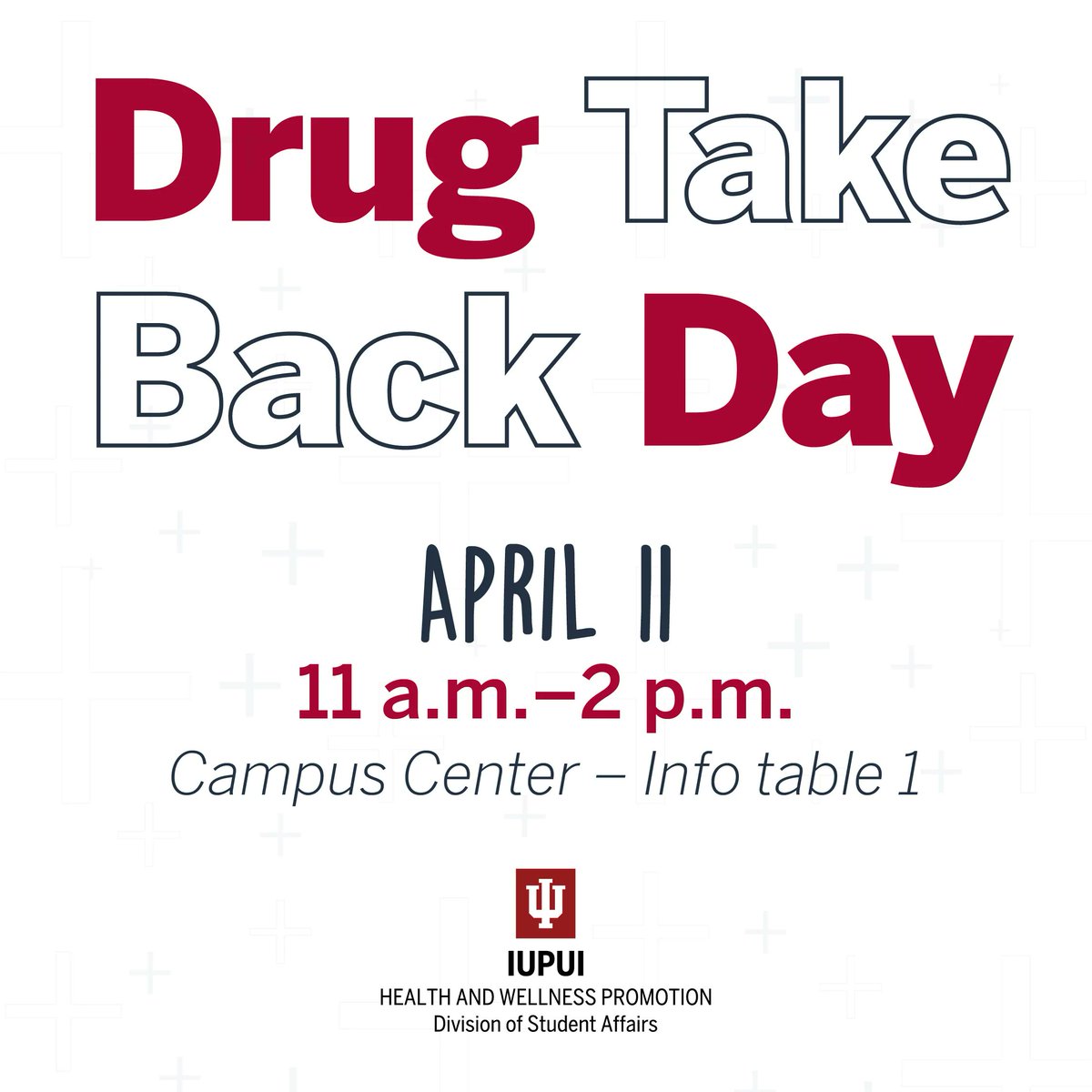 Drop off your unused or expired prescription medications in the Campus Center on Monday. We will be collecting from 11 am - 2 pm on the first floor. #JagWELL #iupui #DrugTakeBackDay