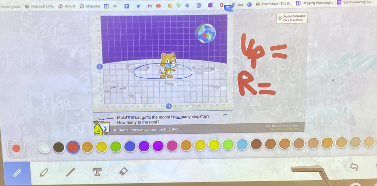 tpot_9's tweet photo. After we explored positional movement on a grid, concurrent and sequential code in @ScratchJr, it’s time for a quick check in using @PearDeck How to get the kitty to the moon? Everyone answers and T immediately know who needs more help. #ocsb #leveragedigital #ocsbMath https://t.co/h8MFMl4ngO